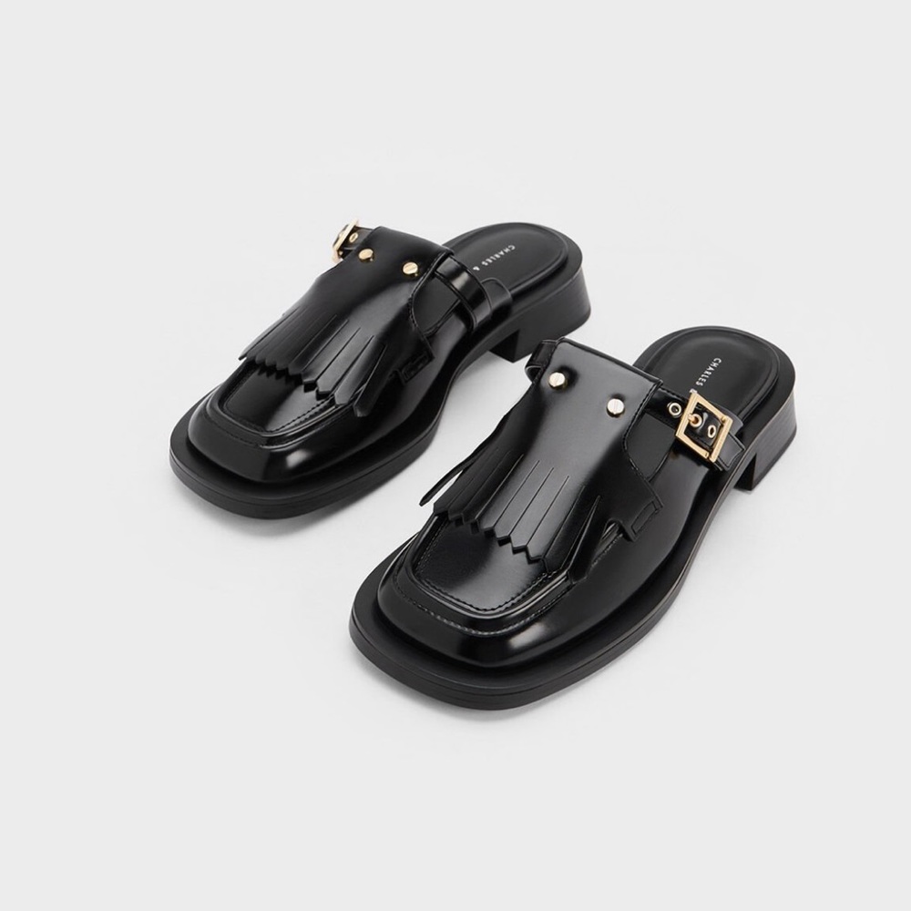 Charles & Keith | Studded Cut-Out Fringe Mules - Black | Size 7 | New in Box